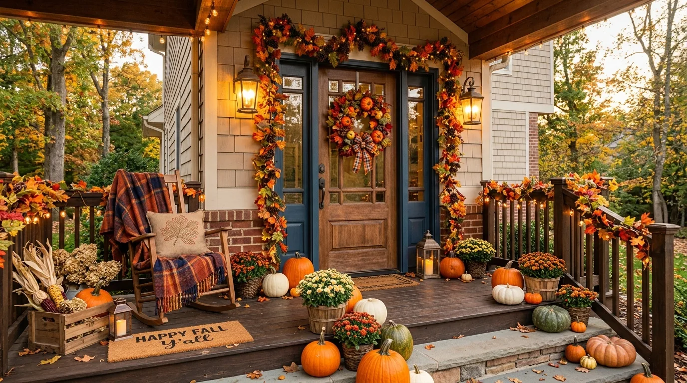 Porch decorated with colorful fall leaf garland